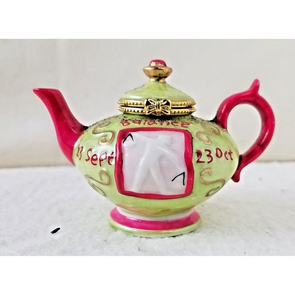 Libra tea pot Trinket jewelry Box "sept‎ 23 - oct 23" balance pink green gold